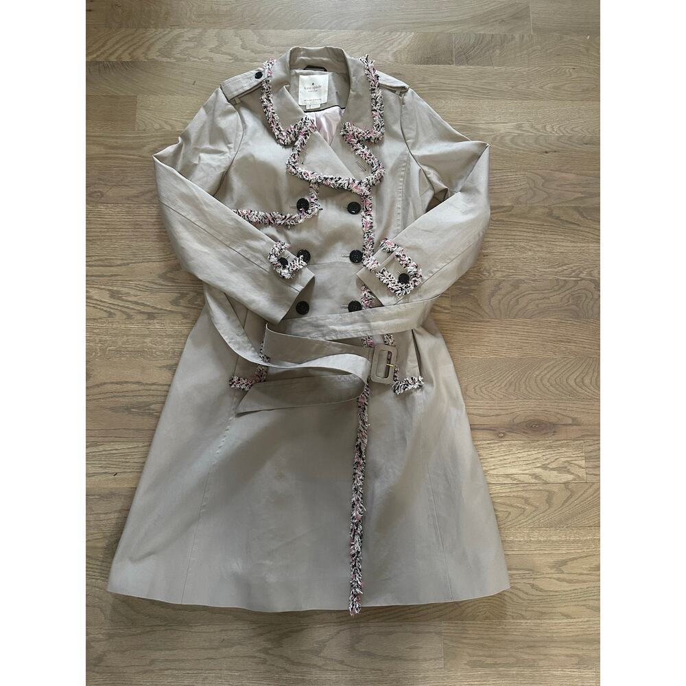 Kate Spade New York Trench Coat Women's 14 Beige Belted Double Breasted Ruffled